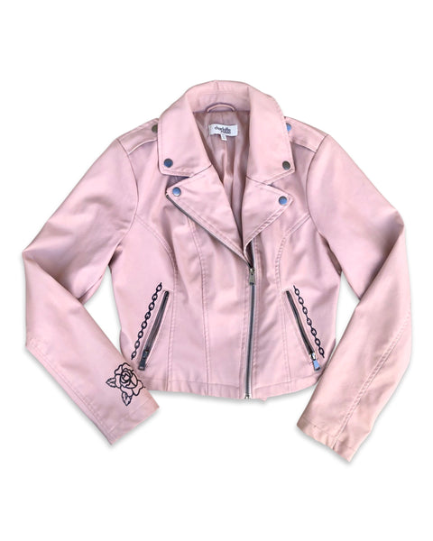 Load image into Gallery viewer, Women's Upcycled Dusty Pink Rose Faux Leather Jacket (Size S) 1 of 1