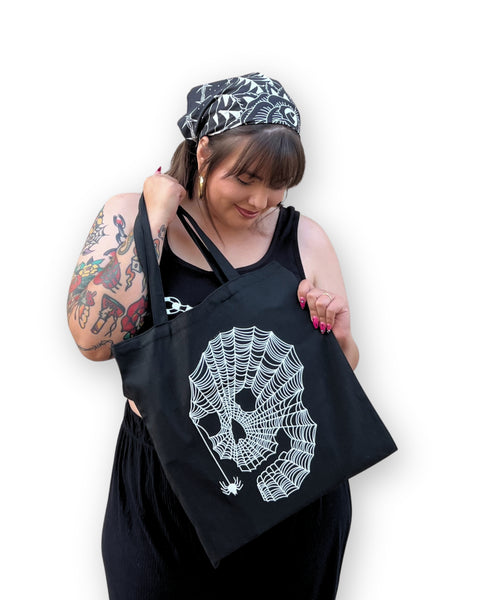 Load image into Gallery viewer, Spiderweb Skull Tote Bag
